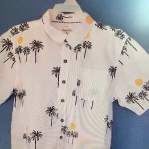 Kids' White Palm-Print Button Shirt with Yellow Accents